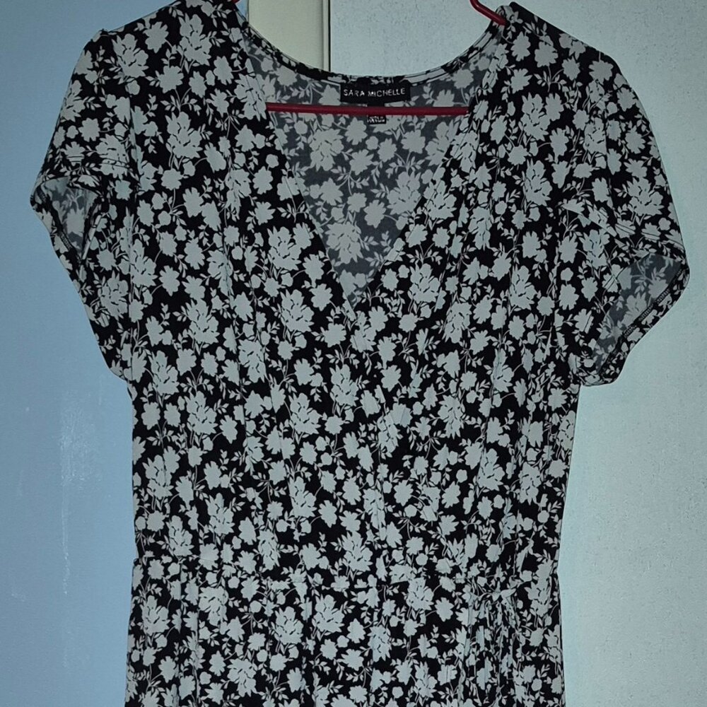 Sara Michelle Floral Below the Knee Boho Casual Flowy Dress V-Neck Women's L EC